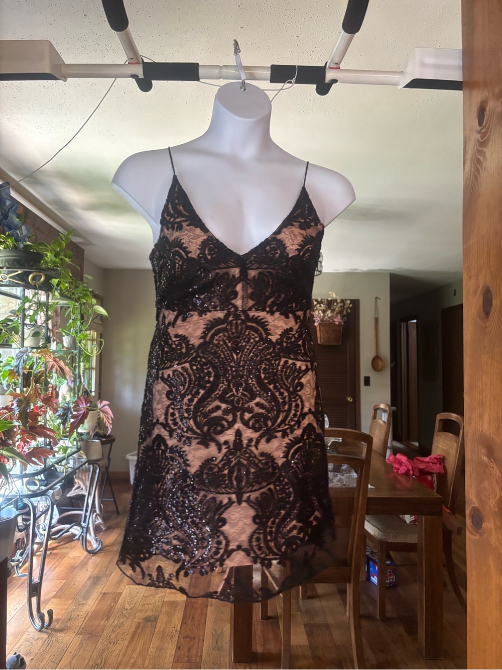 Altar’d State Women’s Lace Overlay Mini Dress - Black on Nude Size S